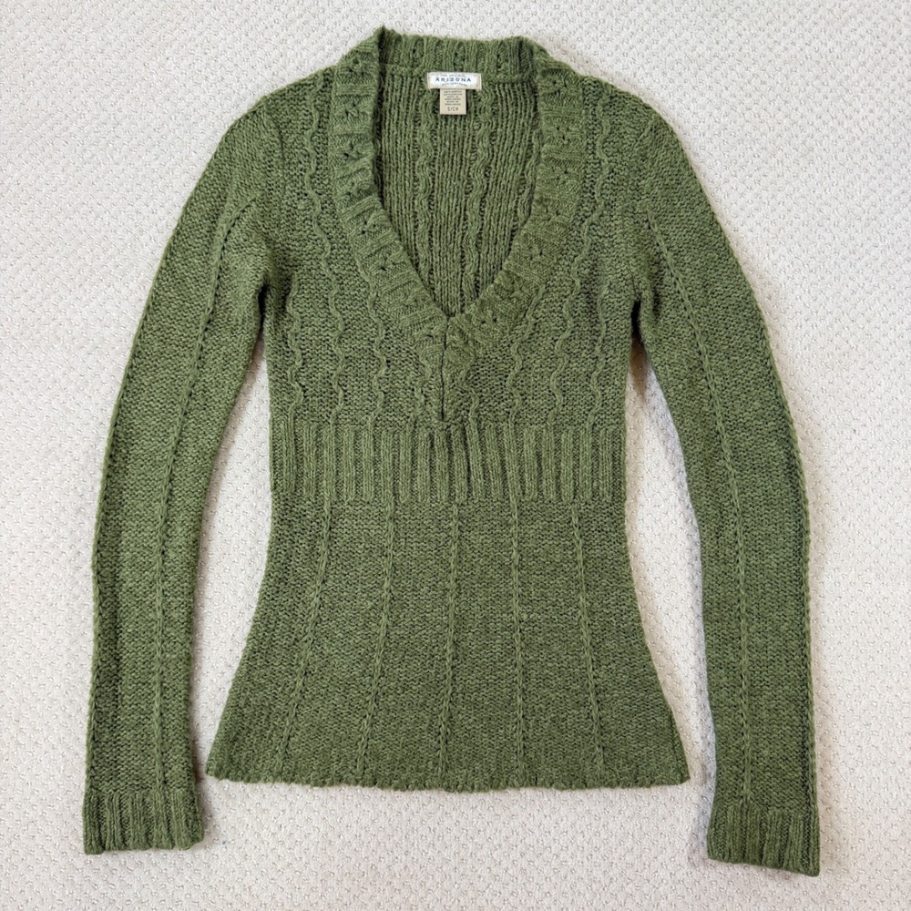 Y2K Cable Knit Sweater Arizona Women SM Green V-Neck Fairy Whimsigoth Textured